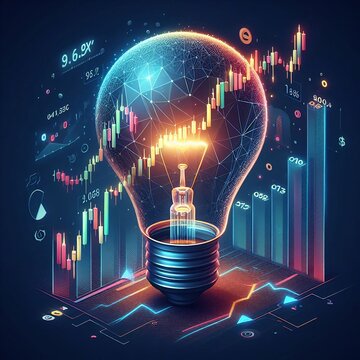 A digital illustration displaying a lightbulb that is filled with an iridescent, glowing wireframe globe. Surrounding the lightbulb are holographic images representing financial charts and numeri...