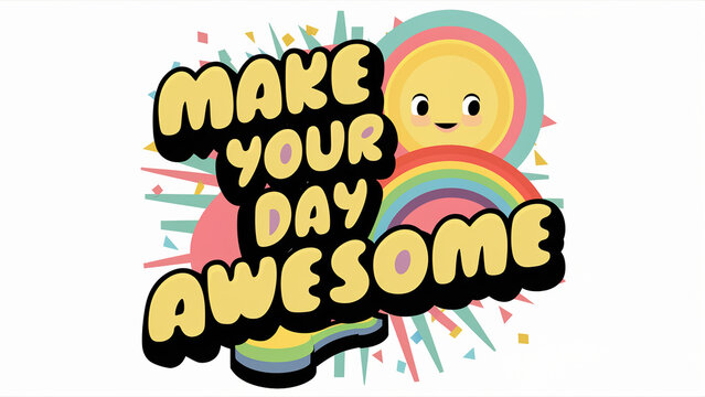 A vibrant and catchy motivational graphic that features the uplifting phrase 'make your day awesome'. The phrase is artistically accompanied by a delightful illustration of a smiling rainbow, whi...