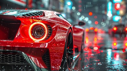 An illustration of the concept of a sports car moving along an asphalt road in the city during the rain. A competition or a race