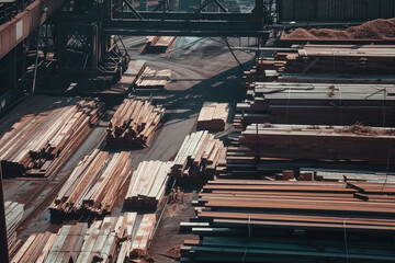 Blurred defocused sawmill with extensive open air racks loaded with different types of boards. A large sawmill where wood is turned into valuable building materials. Heaps of wooden planks