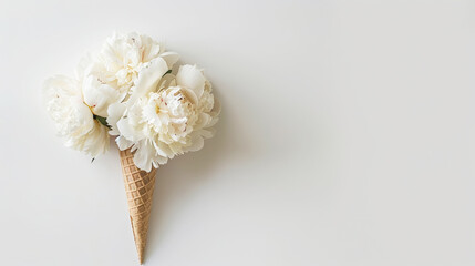Aesthetic peony flowers in the waffle cone against light backdrop, strong shadows, copy space. Generative AI