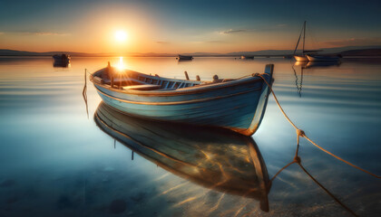 A tranquil image of a rustic blue wooden boat tethered near the shore of a calm sea at sunset. The sun is low on the horizon, casting a soft - obrazy, fototapety, plakaty