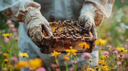 A beekeeper with a honey frame on a floral background. - obrazy, fototapety, plakaty