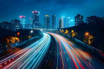 Dynamic Cityscape with Blurred Motion of Nighttime Highway Lights