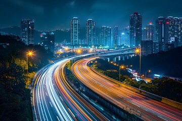 Dynamic Nightscape Cityscape with Illuminated Highway and Skyscrapers