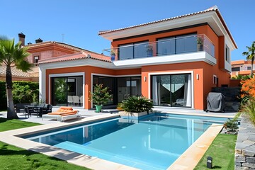 Fototapeta premium Luxurious Modern Villa with Sparkling Pool and Lush Landscaping
