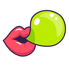 vector cartoon of lips blowing green bubble gum