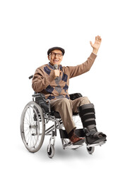 Cheerful elderly man with a broken leg in a wheelchair singing