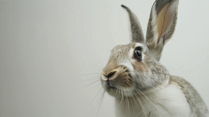 Detailed view of a rabbits face against a plain white backdrop, showcasing its features like whiskers, nose, and eyes
