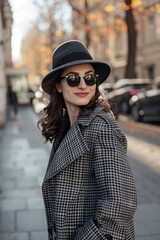 woman in Plaid Coat and Hat Walking Down Street