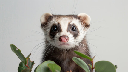 A ferret peers out with bright eyes surrounded by green foliage, showcasing its inquisitive nature