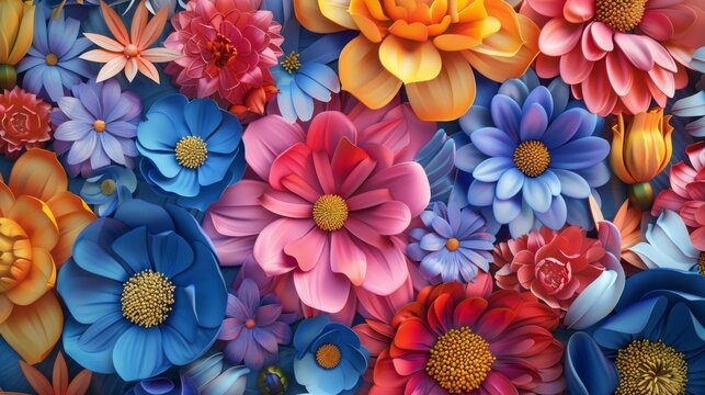 3d multicolored flowers three-dimensional painting background.. Generative Ai