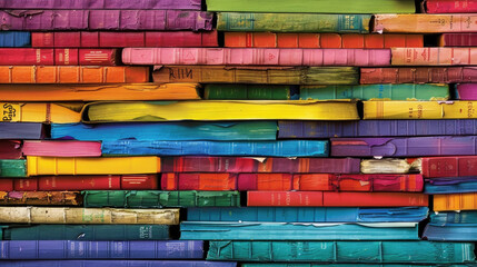A stack of colorful books resting on top of each other, creating a vibrant and eye-catching display