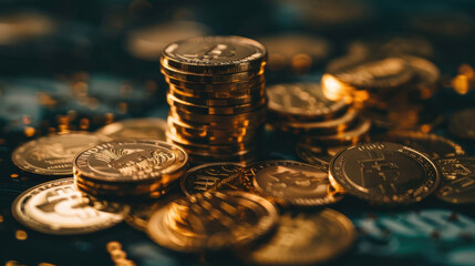 A collection of shiny gold coins piled up on a flat surface of a table - obrazy, fototapety, plakaty