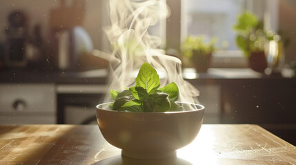 A green plant in a bowl resting on a wooden table indoors