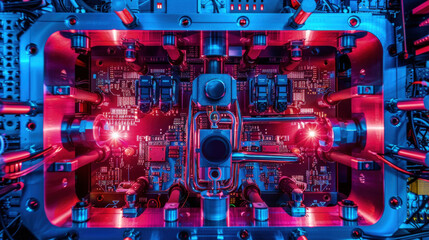An open computer case showing internal components illuminated with red and blue lights, showcasing intricate circuitry and technology