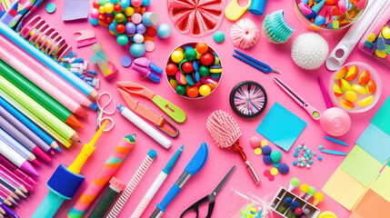 Various crafting supplies scattered on top of pink table, including paper, glue, scissors, beads, yarn, paints, and ribbons