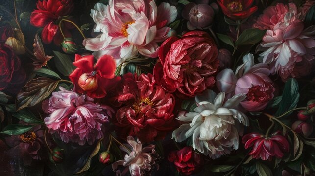 Baroque flowers in rich deep colors, peonies on dark background. Generative Ai