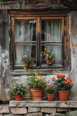 Fototapeta na wymiar Group of Potted Flowers on Window Sill