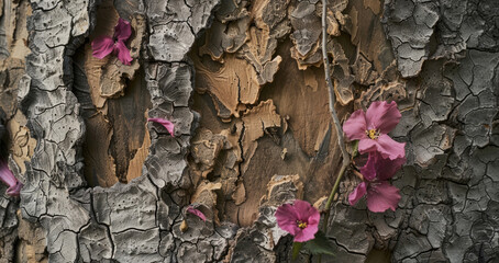 Vibrant pink flowers growing from the rugged bark of a tree, showcasing natural resilience and beauty in a unique setting