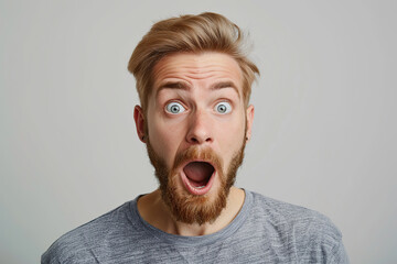 A very excited, surprised man looks at the camera with his mouth open, isolated on a light gray background. A funny-looking red-haired and bearded man. Live emotions. Idea for advertising. Copy space - obrazy, fototapety, plakaty