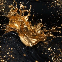 Seamless abstract golden splashes with glitter on black background pattern