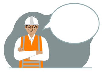 A male builder in a white helmet and vest, next to a white bubble of thoughts. Plans, thoughts, places, strategies. Vector flat illustration.