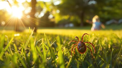 Dangerous tick crawls along the grass to a child playing on a green lawn. Dangerous animal. - obrazy, fototapety, plakaty