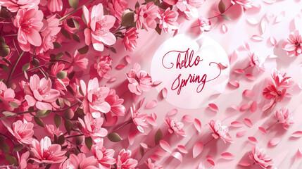 Pink flowers blooming with the words hello spring written on a background