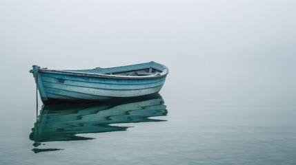 A small boat peacefully floats on top of the water, creating ripples in its wake