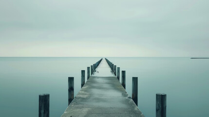 A lengthy pier stretches far out into the vast ocean, with calm waves lapping against its weathered wooden planks under the clear sky