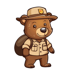 A cartoon bear is wearing a hat and carrying a backpack