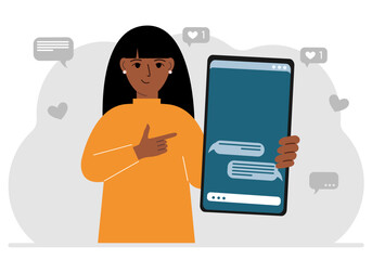 A woman holds a mobile phone with correspondence and SMS messages in his hand. Vector flat illustration.