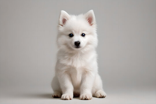 A Japanese spitz puppy sitting in front of a simple background.