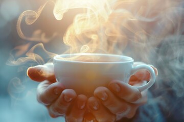 hands with a cup of steaming tea