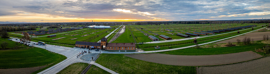 Aerial view of main gate of Nazi death camp at Auschwitz in Oswiecim, a complex of concentration and extermination camps operated by Nazi Germany in occupied Poland