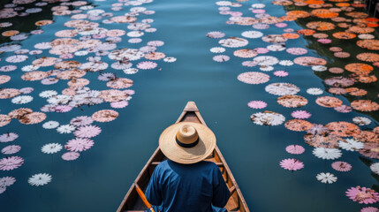person in boat in water lily pond - 774864165