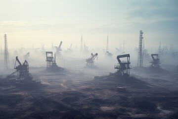 Pumpjack in oil field drilling to extract oil and natural gas out from ground. - obrazy, fototapety, plakaty
