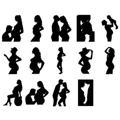 Collection of pregnant woman silhouette, Pregnant couple silhouette, Mother Silhouette Pregnant Woman Silhouette,  pregnant woman and baby, pregnant woman and husband silhouette, vector illustration