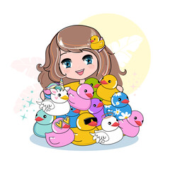 Naklejka premium Beautiful summer little girl with cute colorful rubber ducks on a white background. Cartoon vector illustration for kids