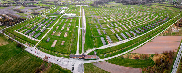 Aerial view of main gate of Nazi death camp at Auschwitz in Oswiecim, a complex of concentration and extermination camps operated by Nazi Germany in occupied Poland