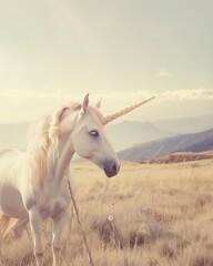 white unicorn with long hair standing in the grassland, light blue sky. style is minimalist, with a blurred background and light green and gray colors. natural scenery and snowy mountains