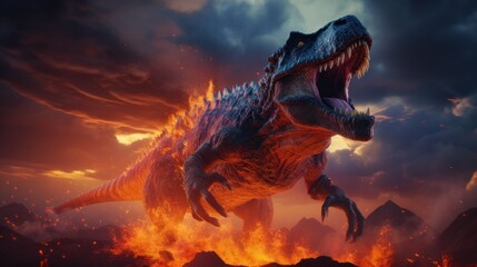 Dinosaur in fire flame in a burning forest. Photorealistic.