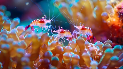 Colorful shrimp among vibrant coral reef inhabitants ai image - obrazy, fototapety, plakaty