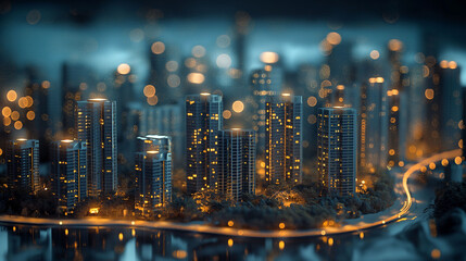 A dreamlike cityscape at dusk with golden lights twinkling from skyscrapers, a meandering river, and lush trees, all under a hazy, bokeh-light-filled sky - obrazy, fototapety, plakaty