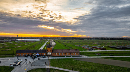 Aerial view of main gate of Nazi death camp at Auschwitz in Oswiecim, a complex of concentration and extermination camps operated by Nazi Germany in occupied Poland