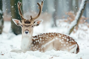 Deer Laying in Snow in Woods