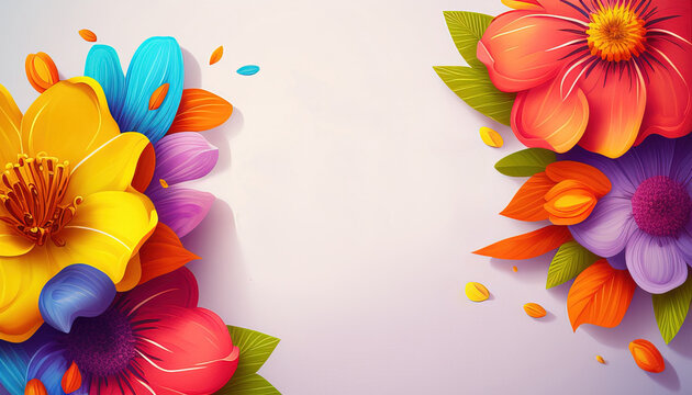 Sale banner with colorful flowers on the Pink background. Space for text. Generative AI