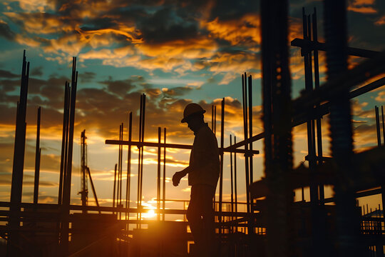 Silhouette of a construction worker and team working together on a building site at sunset with a warm sky background.
