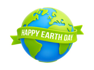 Cartoon planet Earth and green ribbon with "Happy Earth Day" text. Earth day or environmental protection, save our green planet, save the Earth concepts. 3d eco friendly design. Vector illustration